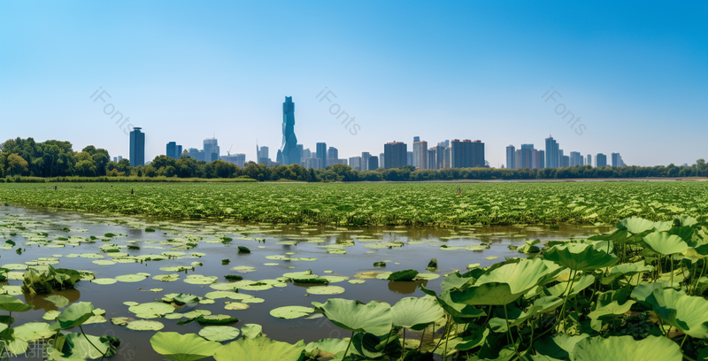 蓝天下的高楼大厦旁铺满荷叶的夏日湖泊,高清,摄影图,摄影图片,图片大全,摄影图免费下载
